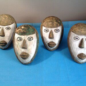 Vintage? Hand Carved Wooden African Tribal Art Mask Napkin Rings Set - Lot 1